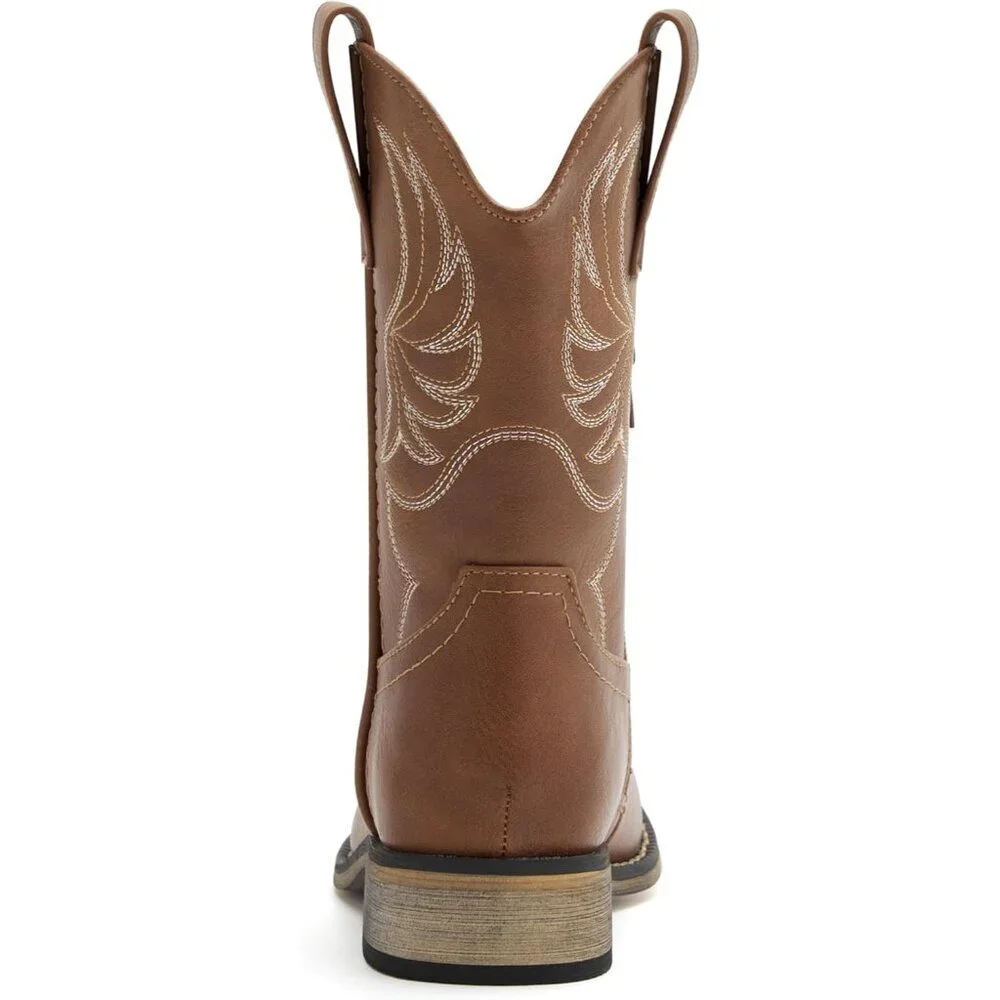⚡Girls Brown Embroidered Cowgirl Boots Western Square Toe Mid Calf Riding Shoes